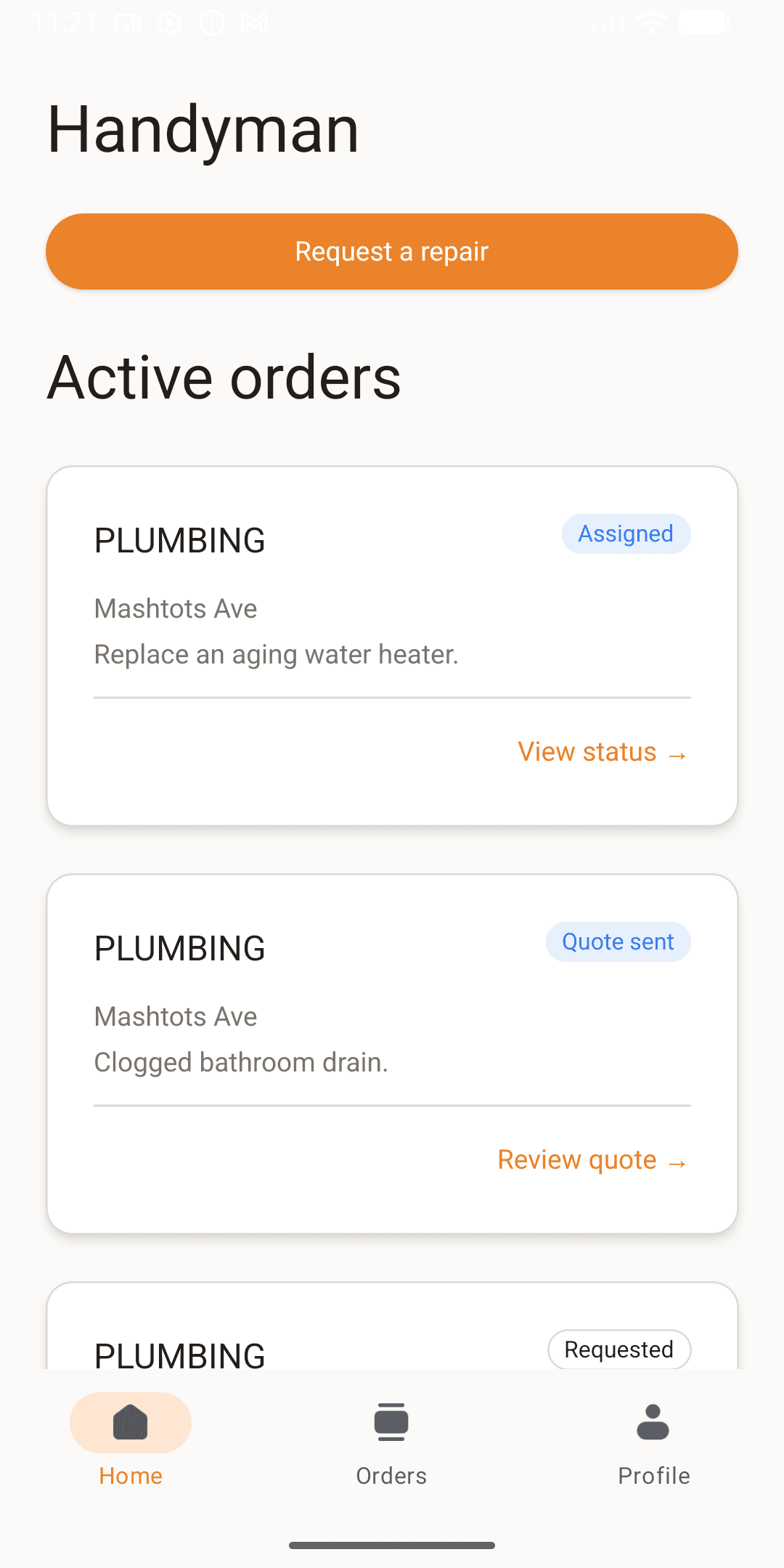 Handyman customer app showing active orders
