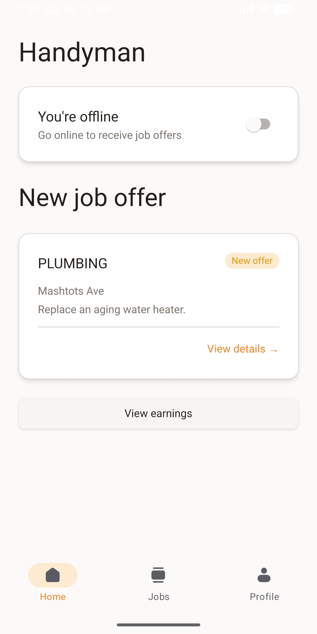 Handyman pro app showing a new job offer